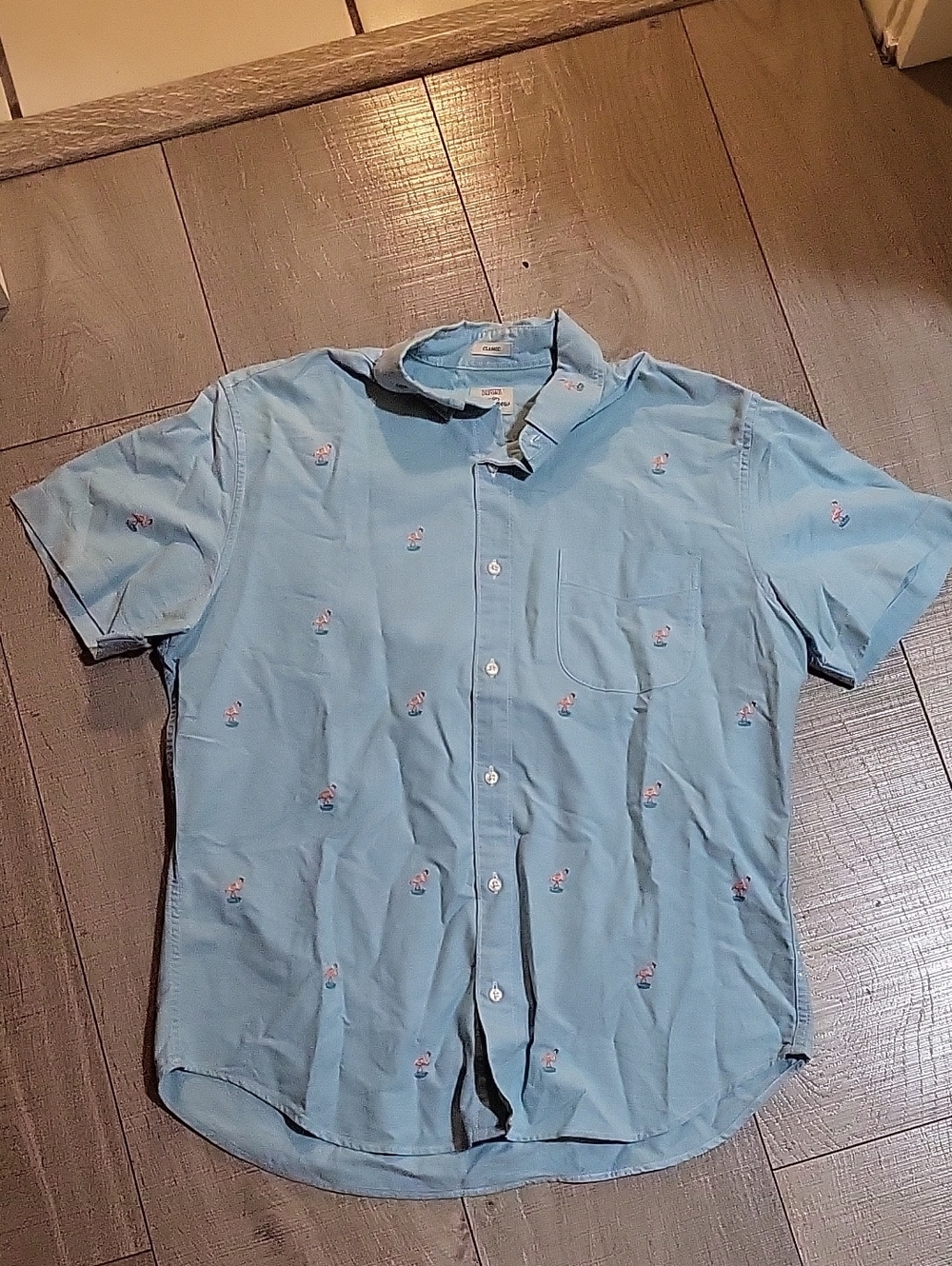 J. Crew Light Blue Short-Sleeve Button-Down Shirt with Small Flamingo Embroidery